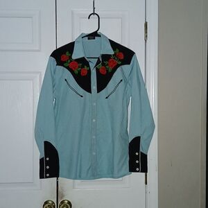 COOFANDY Men Turquoise Embroidered Rose design Shirt Green, Black & Red Sz S EUC
